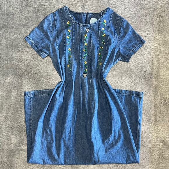 Vintage Bobbie Brooks Embroidered Maxi Denim Dress - Picture 1 of 5
